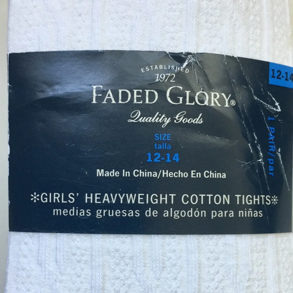 NWT Faded Glory Sz L 12 14 Girls Heavyweight White Cotton Stretch Tights New